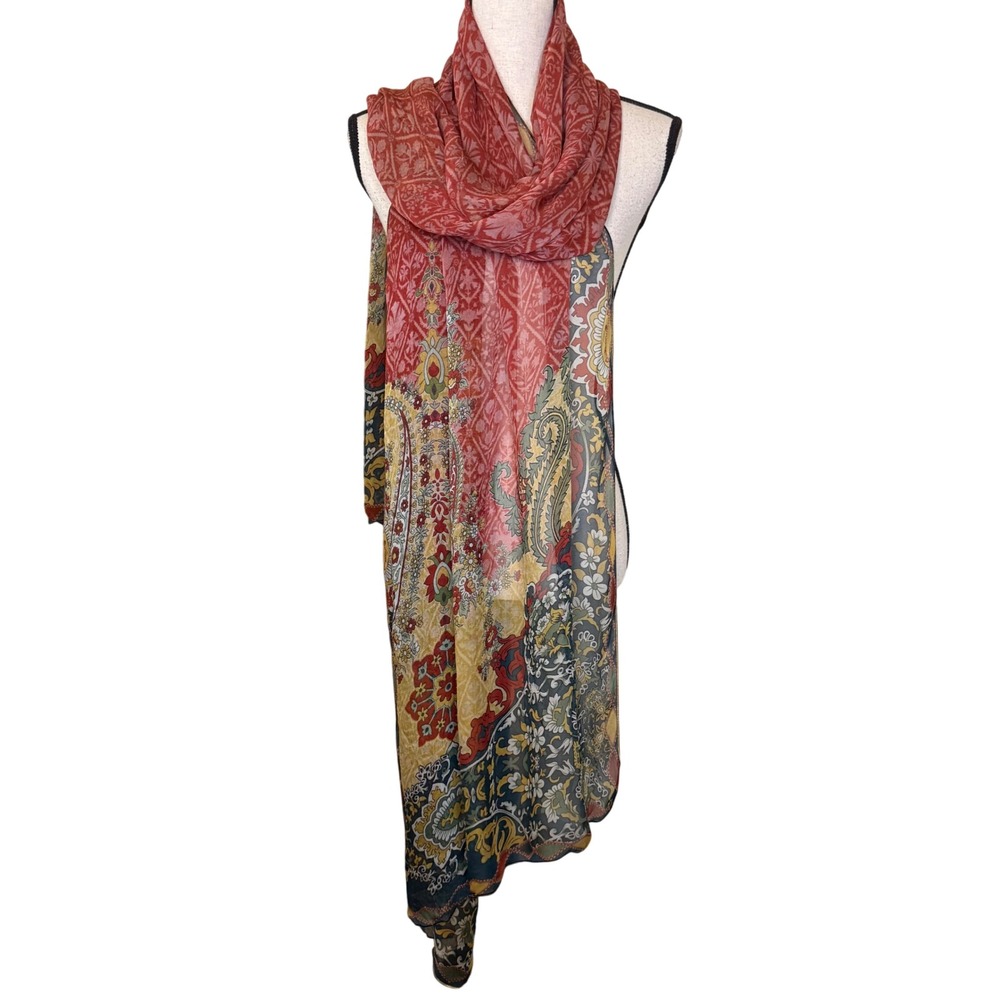 Boho Scarf/Shawl  Red, Gold, Green, and Gray Paisley, Floral Chiffon 36"X92"